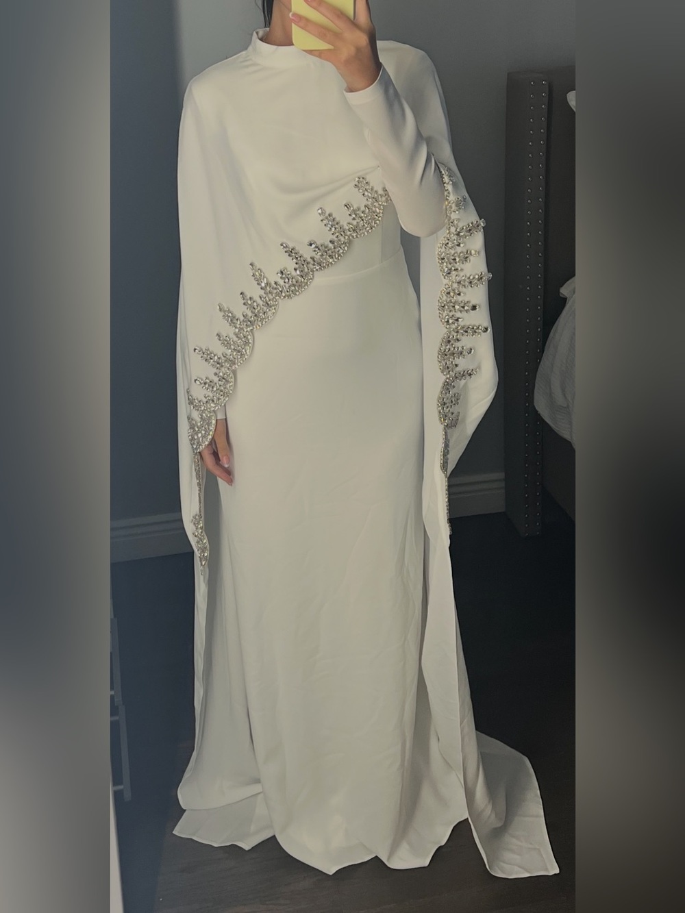 Modest Embellished White Evening Gown with Cape Two Piece